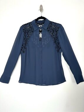Guess Western Sheer Cutout Mesh Embroidered Blouse Boho Retro Whimsigoth Navy